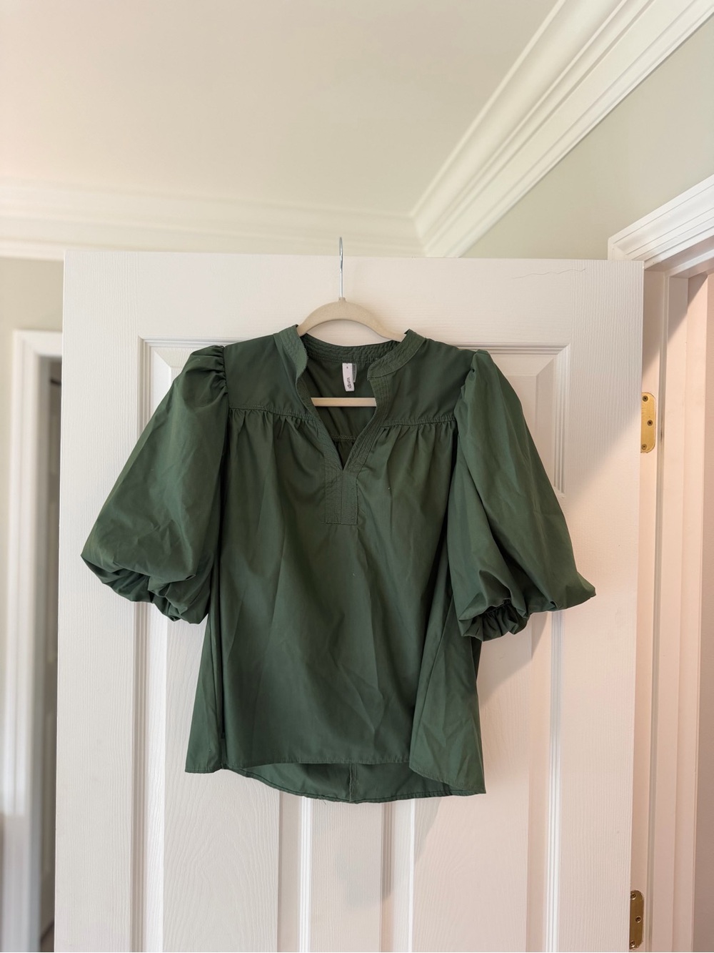 glam Olive Green Puff Sleeve V-Neck Top